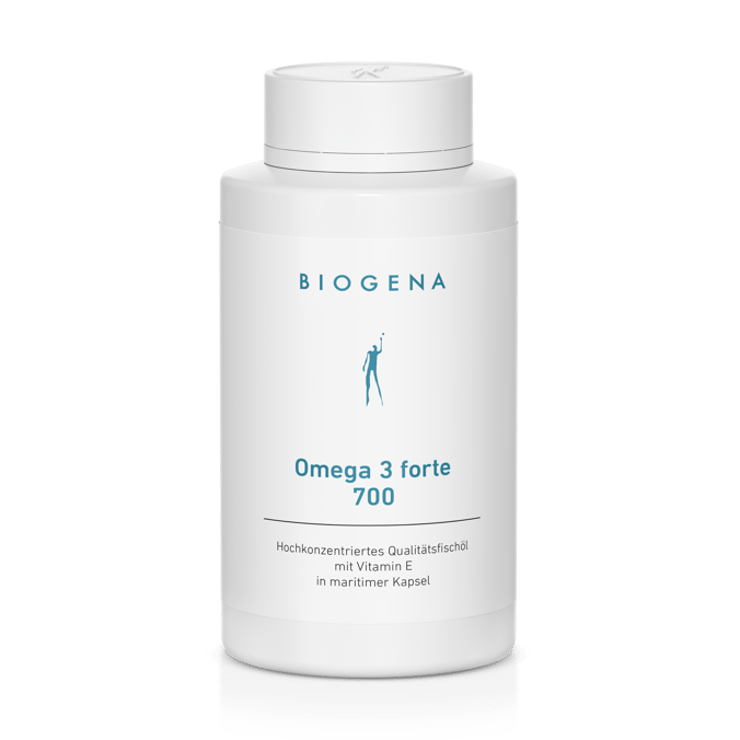 Biogena, Omega 3 forte 700, Sticlă, alb, Ulei de pește de calitate foarte concentrat cu vitamina E în capsulă maritimă