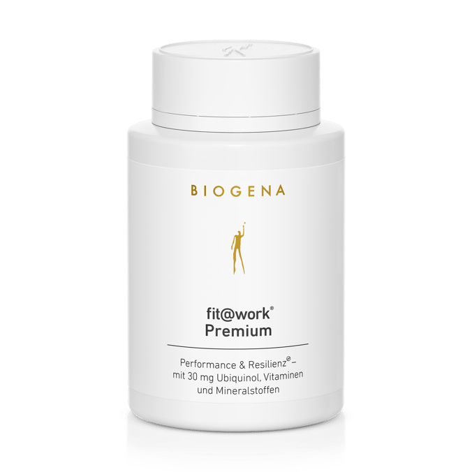 Biogena, fit@work® Premium, Sticlă, alb, Performanță și reziliență® – cu 30 mg ubiquinol, vitamine și minerale