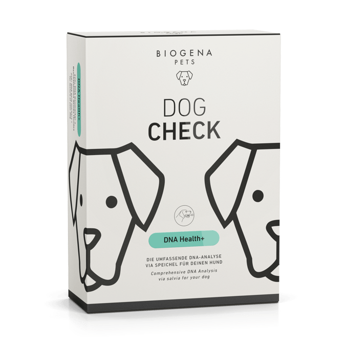 BIOGENA PETS Dog Check Dna Health+ Verpackung mit Hund Icon auf beigem Hintergrund