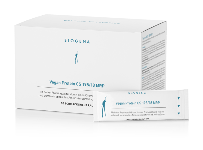 Biogena, Vegan Protein CS 198/18 MRP, Cutie, alb, Cu calitate proteică ridicată datorită unui Chemical Score de 198 și unui profil special de aminoacizi de 18 aminoacizi