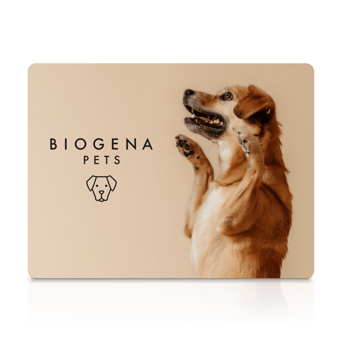 Beige Karte mit Text „BIOGENA PETS". Rechts ein fröhlicher hellbrauner Hund, der auf den Hinterbeinen sitzt und die Pfoten hebt.
