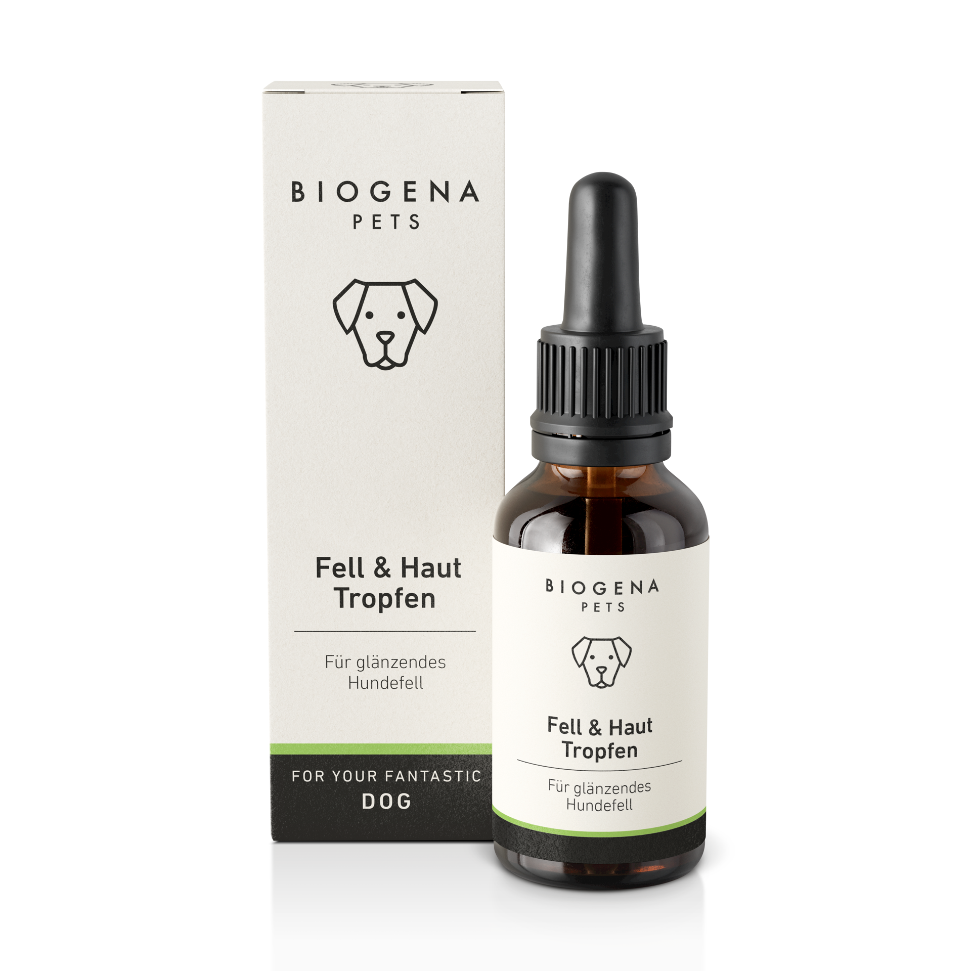 biogena_pets_fell_haut_tropfen_fuer_glnzendes_fell_in_brauner_glasflasche_mit_pipette_und_weisser_verpackung_mit_schwarzer_schrift_und_hundesymbol