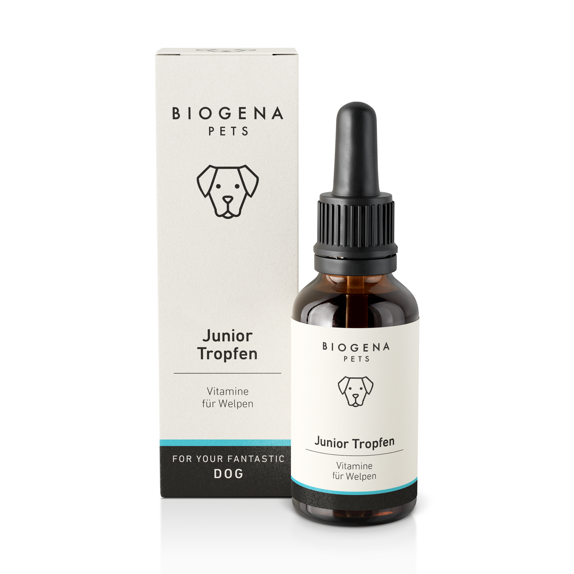 biogena_pets_junior_tropfen_vitamine_fuer_welpen_in_brauner_glasflasche_mit_pipette_und_weisser_verpackung_mit_schwarzer_schrift_und_hundesymbol
