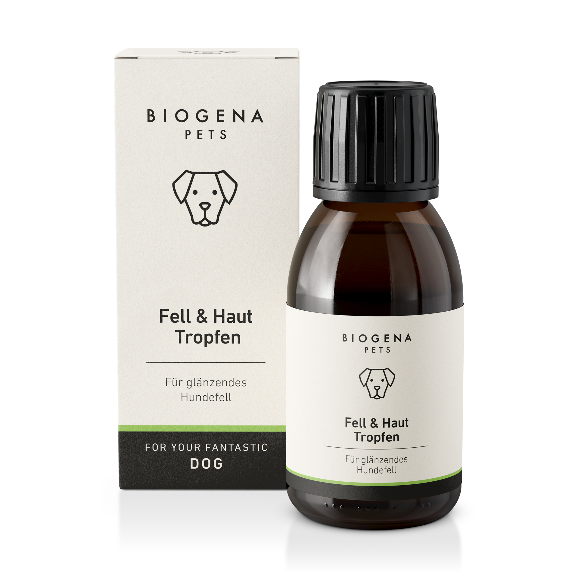 biogena_pets_fell_haut_tropfen_produktfoto_mit_verpackung_und_braunglasflasche_ergnzungsfuttermittel_fuer_hunde_zur_unterstuetzung_von_glnzendem_fell_und_gesunder_haut