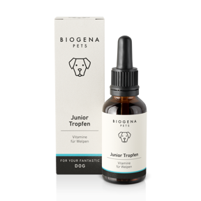 biogena_pets_junior_tropfen_vitamine_fuer_welpen_in_brauner_glasflasche_mit_pipette_und_weisser_verpackung_mit_schwarzer_schrift_und_hundesymbol