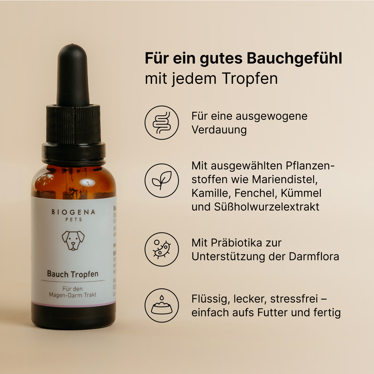 biogena_pets_bauch_tropfen_in_brauner_glasflasche_mit_pipette_und_weisser_verpackung_mit_schwarzer_schrift_und_hundesymbol