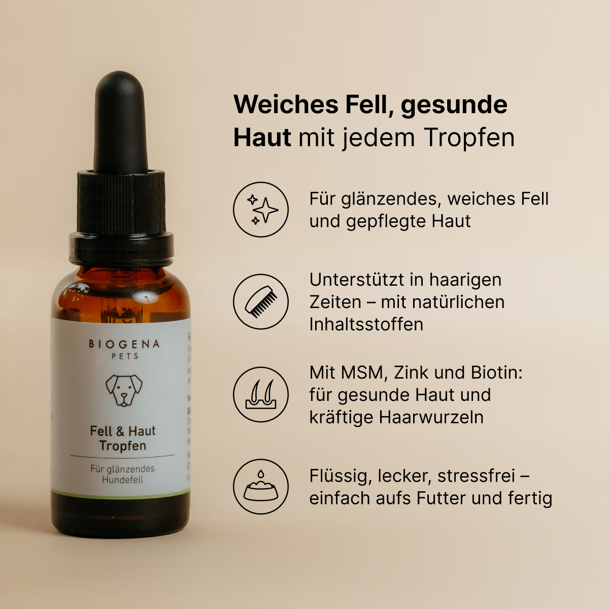 biogena_pets_fell_haut_tropfen_fuer_glnzendes_fell_in_brauner_glasflasche_mit_pipette_und_weisser_verpackung_mit_schwarzer_schrift_und_hundesymbol