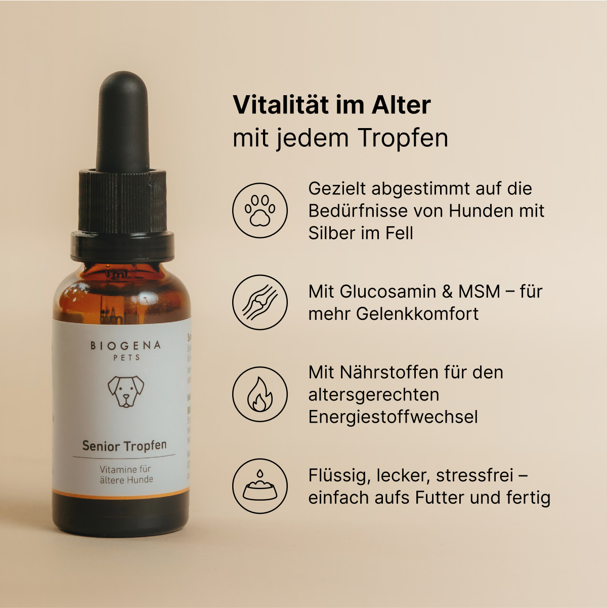 biogena_pets_senior_tropfen_vitamine_fuer_ltere_hunde_in_brauner_glasflasche_mit_pipette_und_weisser_verpackung_mit_schwarzer_schrift_und_hundesymbol