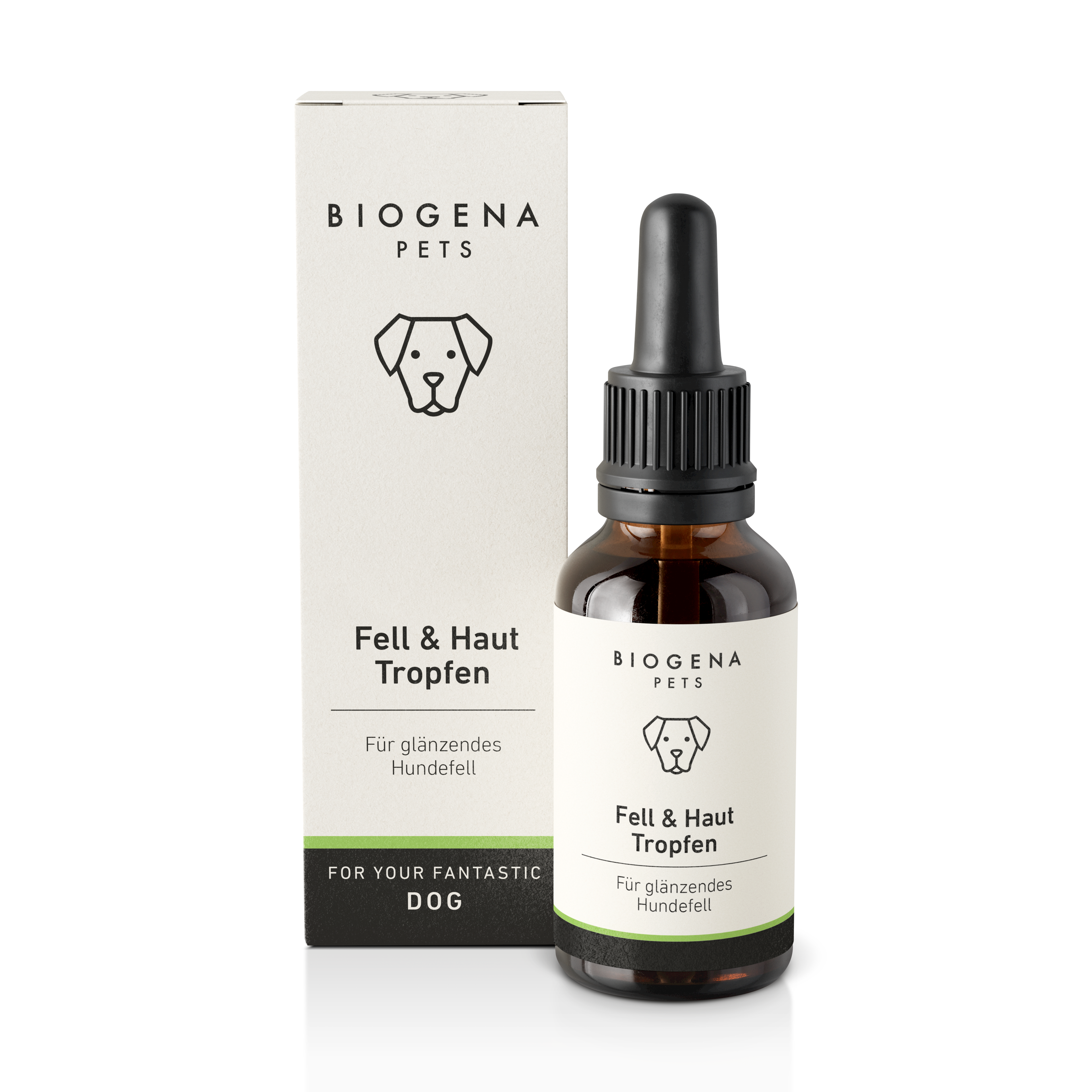 biogena_pets_fell_haut_tropfen_fuer_glnzendes_fell_in_brauner_glasflasche_mit_pipette_und_weisser_verpackung_mit_schwarzer_schrift_und_hundesymbol