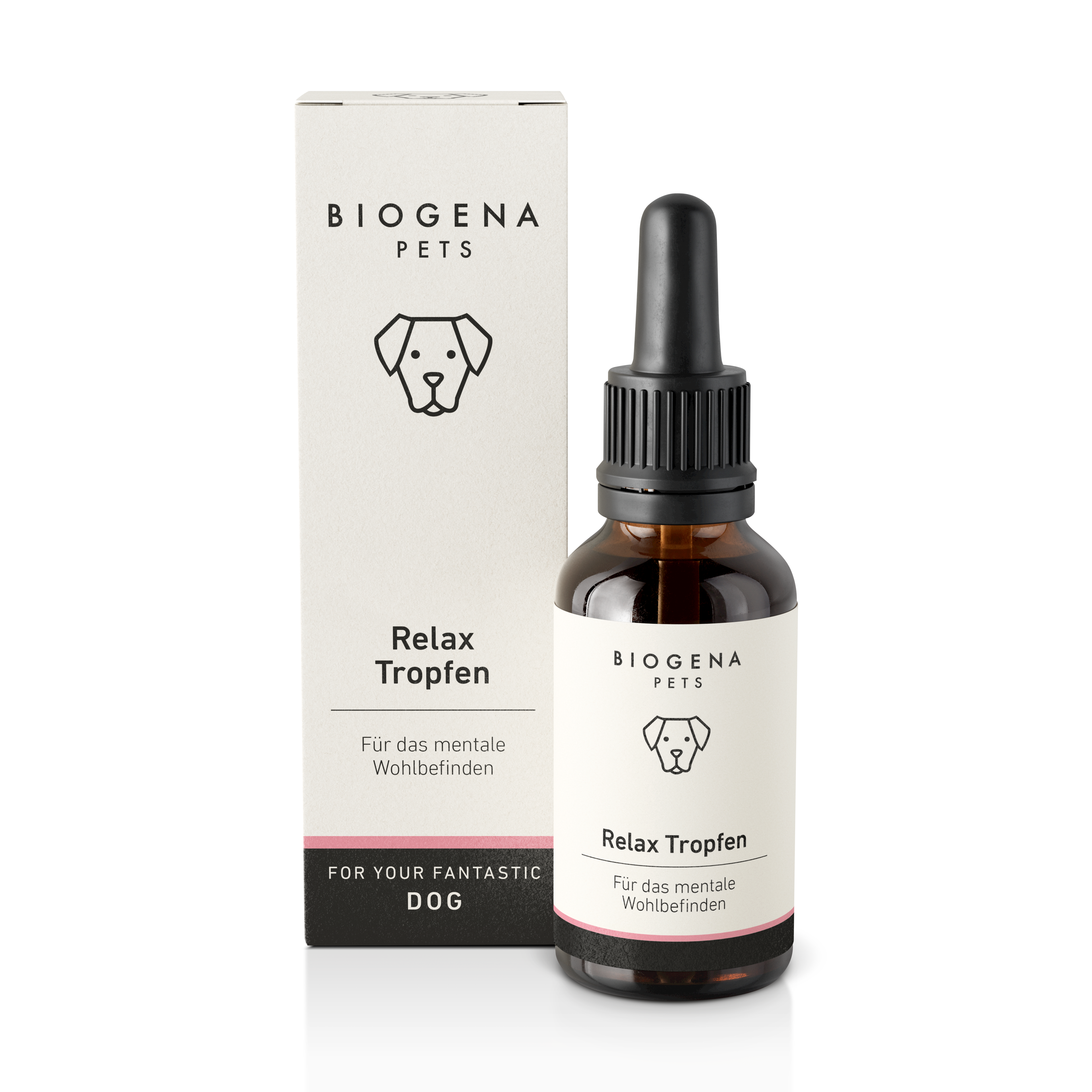 biogena_pets_relax_tropfen_fuer_das_mentale_wohlbefinden_in_brauner_glasflasche_mit_pipette_und_weisser_verpackung_mit_schwarzer_schrift_und_hundesymbol