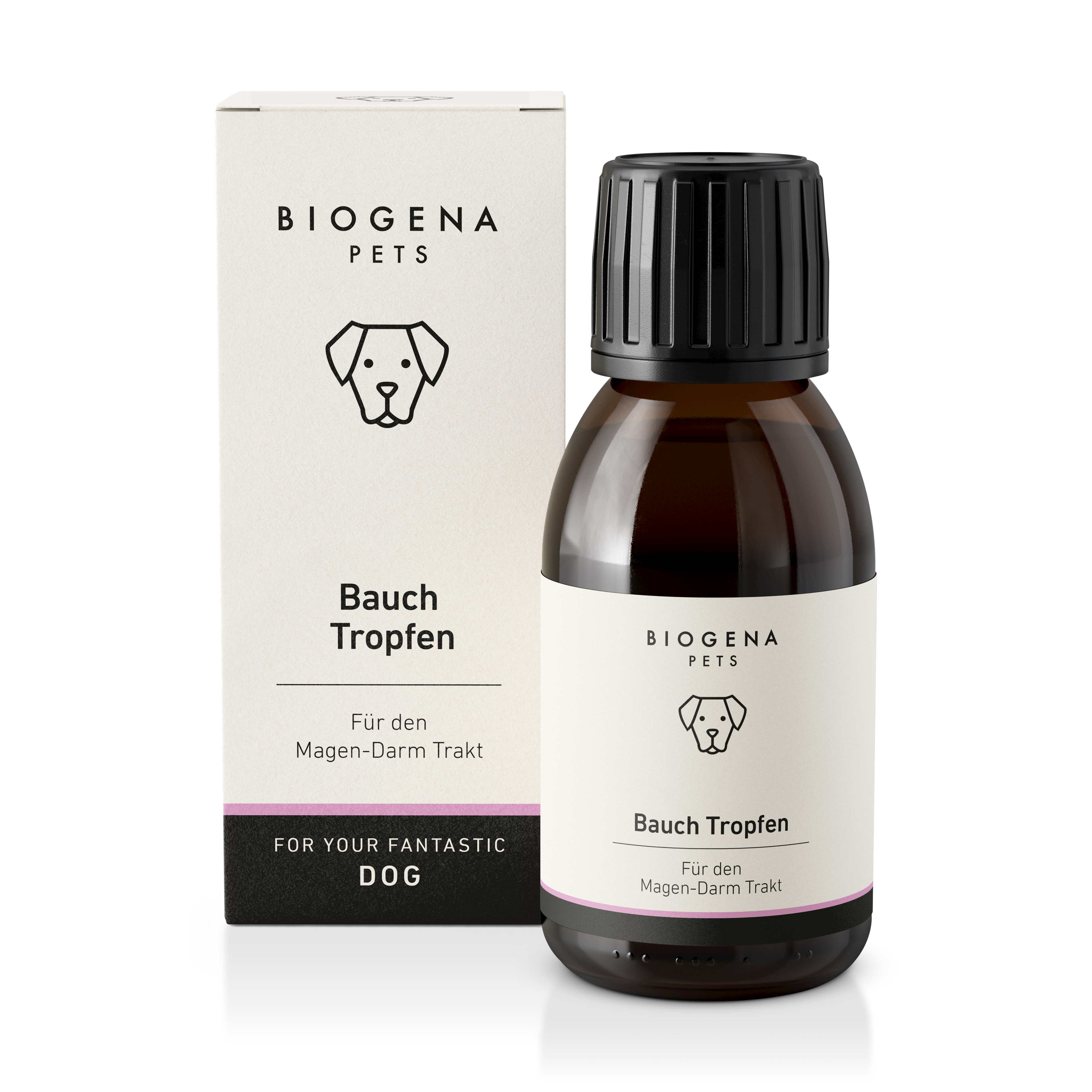 biogena_pets_bauch_tropfen_in_brauner_glasflasche_mit_pipette_und_weisser_verpackung_mit_schwarzer_schrift_und_hundesymbol