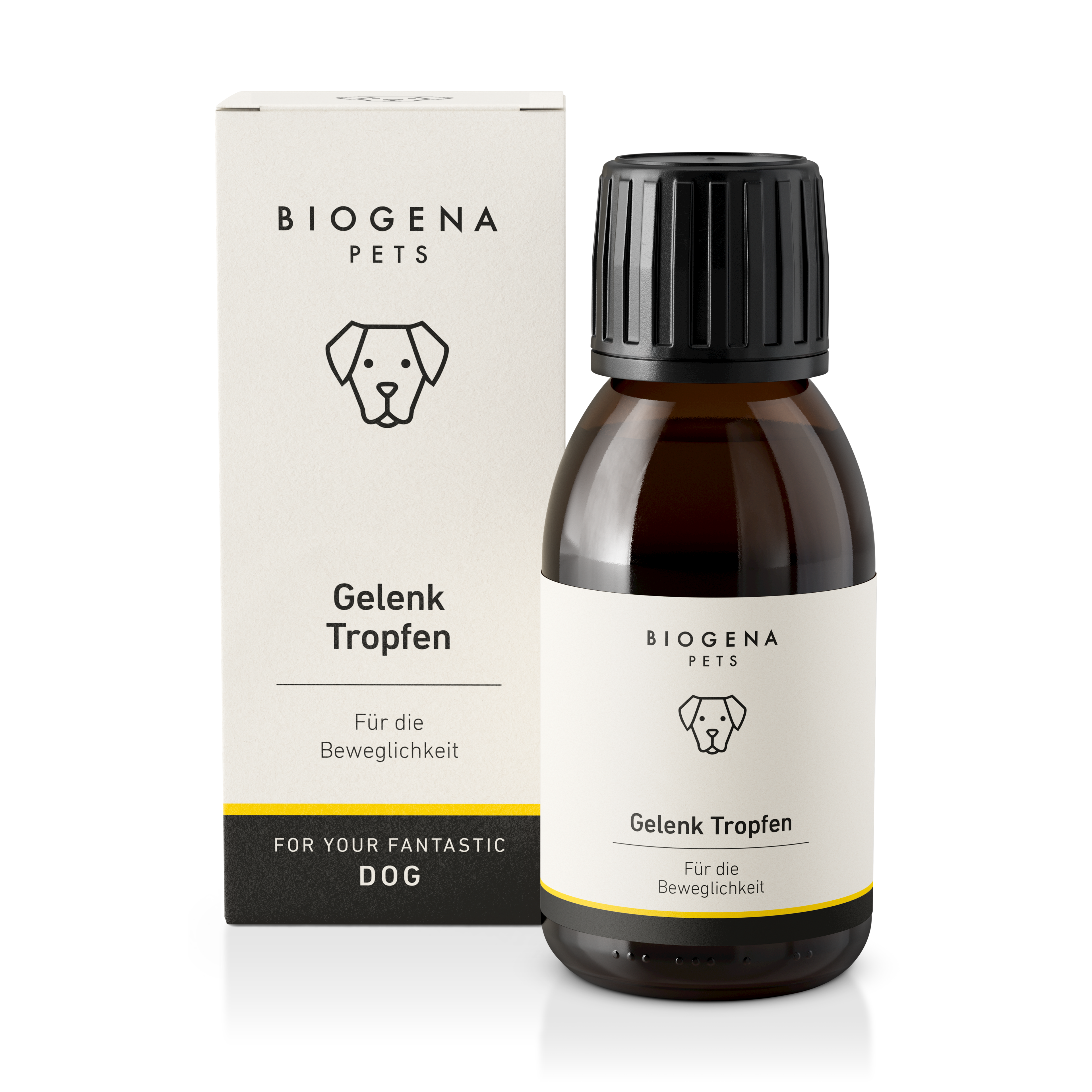 biogena_pets_gelenk_tropfen_fuer_die_beweglichkeit_in_brauner_glasflasche_mit_pipette_und_weisser_verpackung_mit_schwarzer_schrift_und_hundesymbol