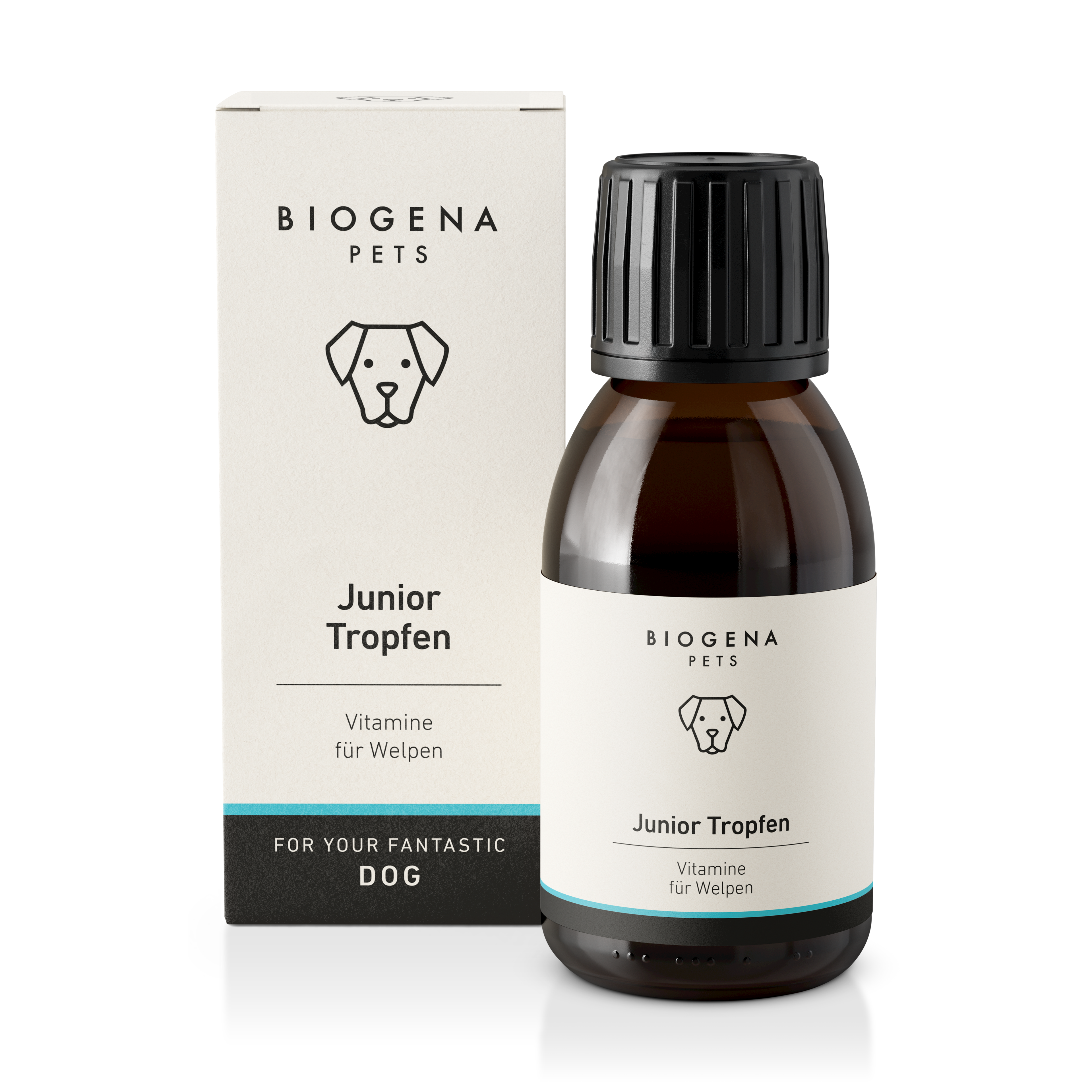 biogena_pets_junior_tropfen_vitamine_fuer_welpen_in_brauner_glasflasche_mit_pipette_und_weisser_verpackung_mit_schwarzer_schrift_und_hundesymbol