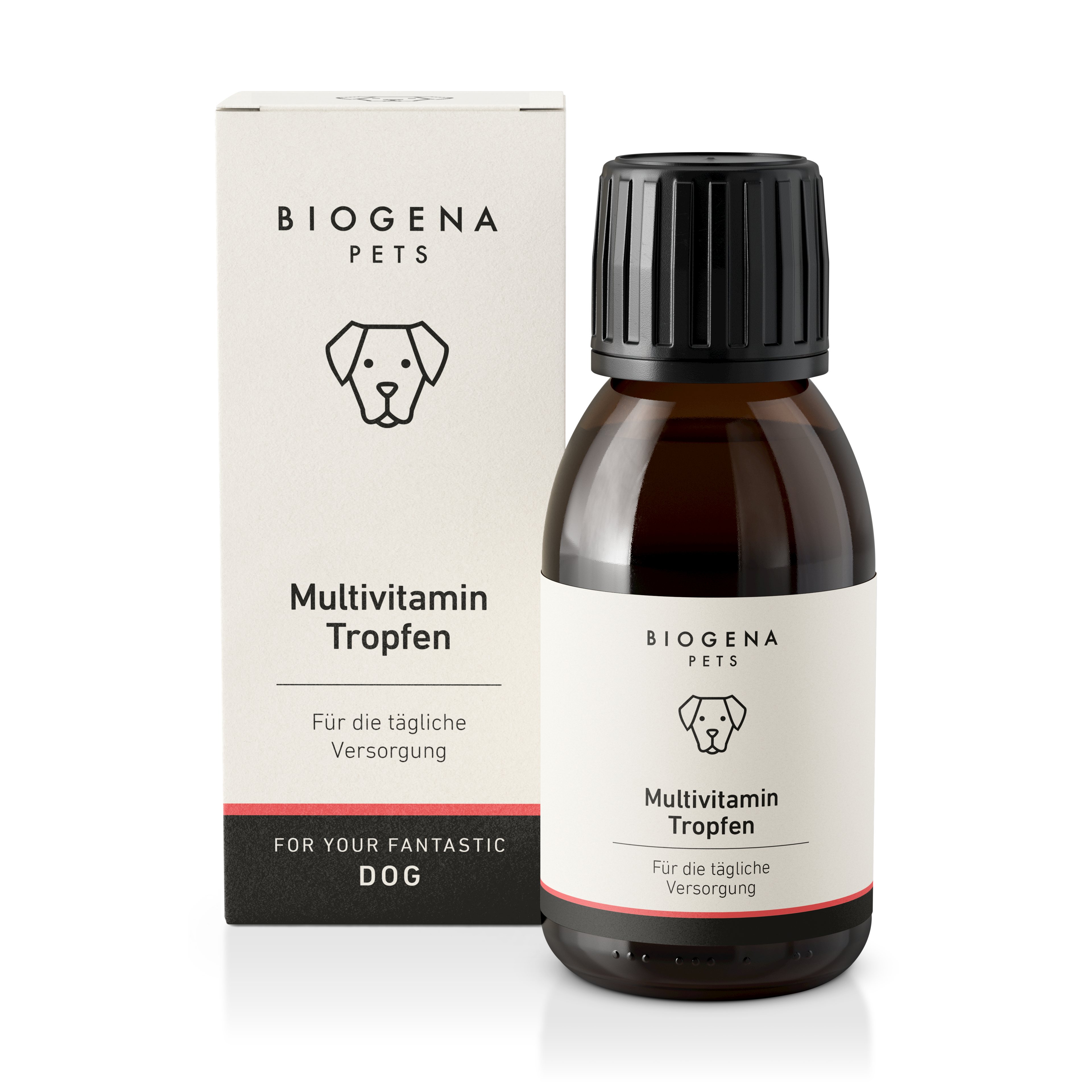biogena_pets_multivitamin_tropfen_fuer_die_tgliche_versorgung_in_brauner_glasflasche_mit_pipette_und_weisser_verpackung_mit_schwarzer_schrift_und_hundesymbol