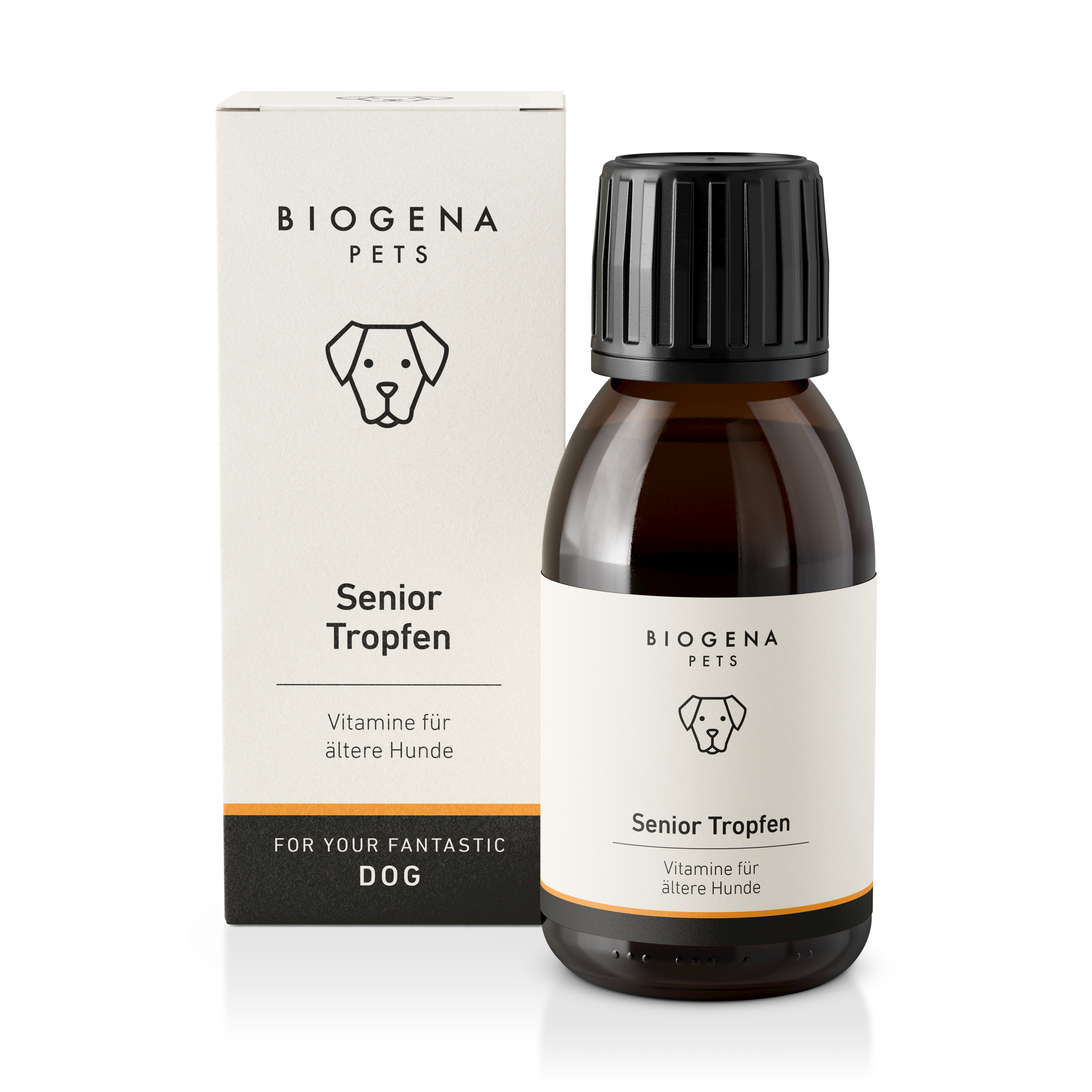biogena_pets_senior_tropfen_vitamine_fuer_ltere_hunde_in_brauner_glasflasche_mit_pipette_und_weisser_verpackung_mit_schwarzer_schrift_und_hundesymbol