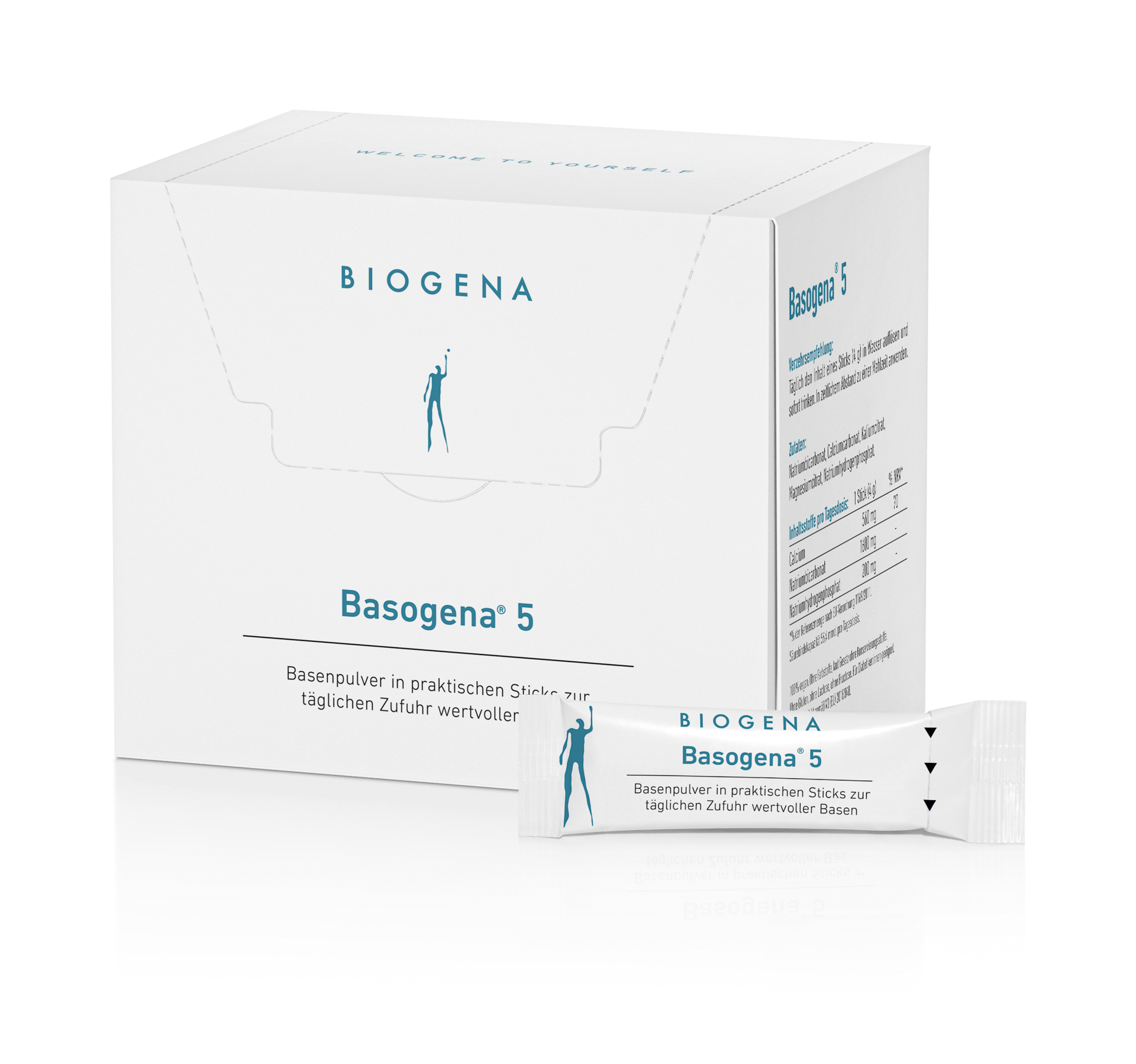 Biogena, Basogena® 5, Carton, blanc, Poudre alcaline en sticks pratiques pour l’apport quotidien de bases précieuses